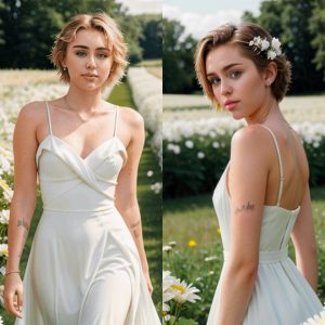 Miley Cyrus Glows in White Elegance Surrounded by a Bouquet of Chrysanthemums