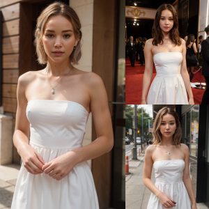 Striking Elegance: Jennifer Lawrence Mesmerizes in White Two-Strap Dress and Sleek Ponytail